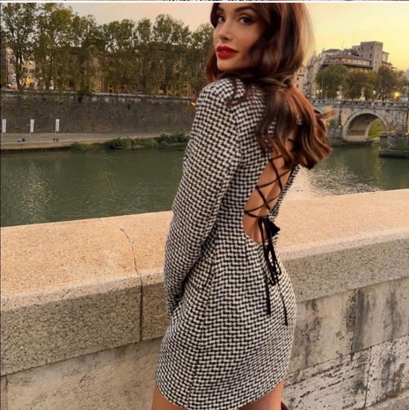 NWT Zara * Houndstooth Textured Tweed Blazer Dress Cut Out Size XS S - Picture 8 of 15